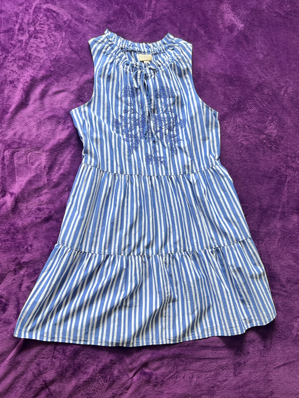 St. John's Bay Blue and White Striped Sleeveless Dress With Embroi Size M